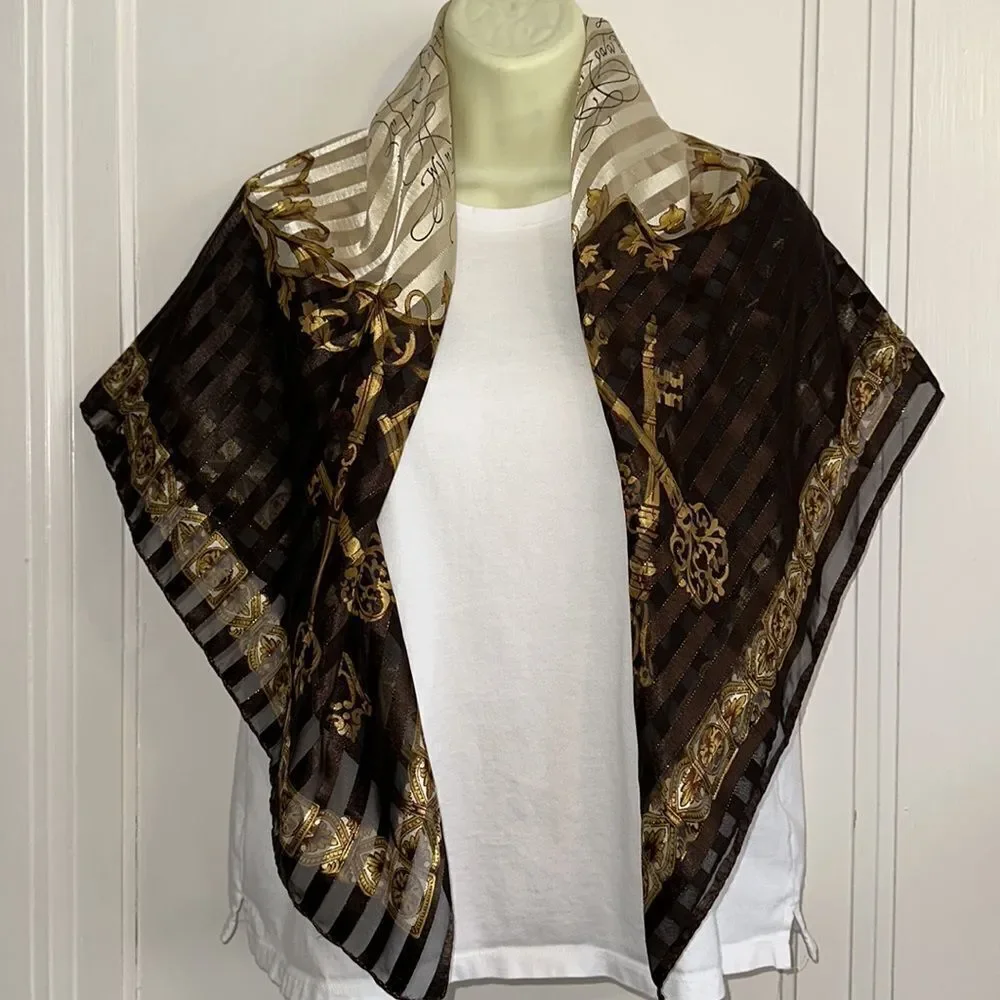 Vtg very large Liz‎ Claiborne brown, gold & cream polyester scarf/ key print
